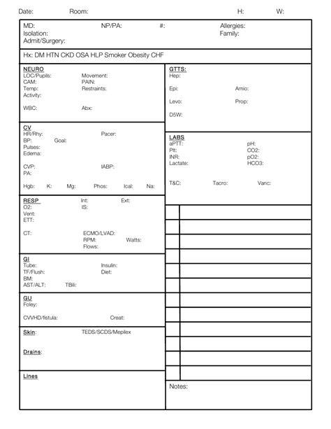 Printable Nurse Report Sheet Template